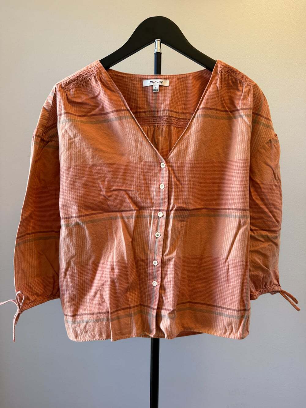 Madewell Size S Orange Plaid V-Neck Button Front Tie Cuff Top